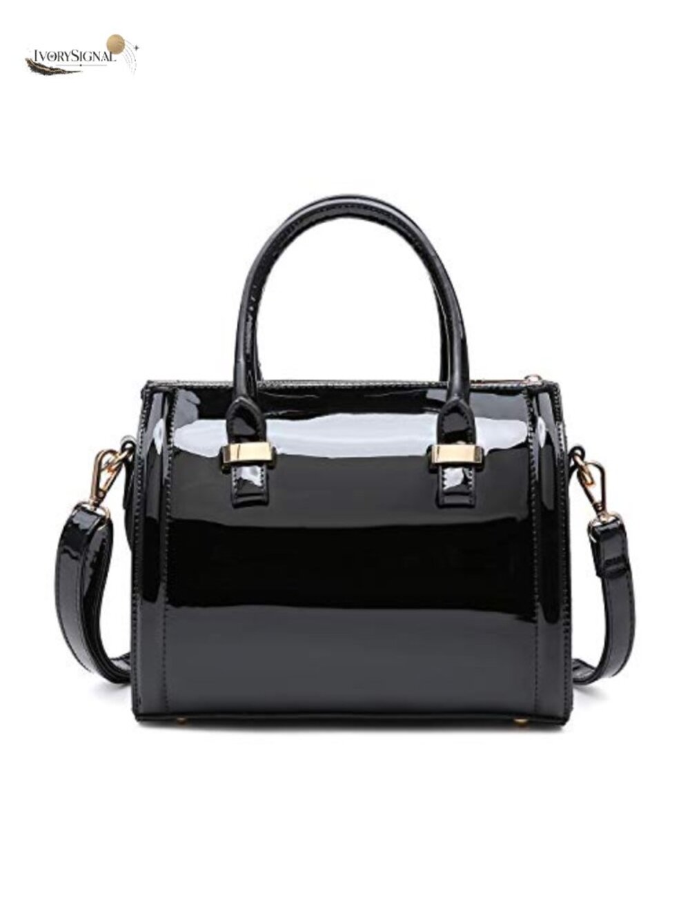 Shiny Patent Faux Leather Barrel Satchel Bag with Top Handle and Adjustable